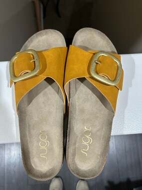 Sugar Gold Mustard Faux Suede Cork Footbed Slide Sandals with Large Buckle